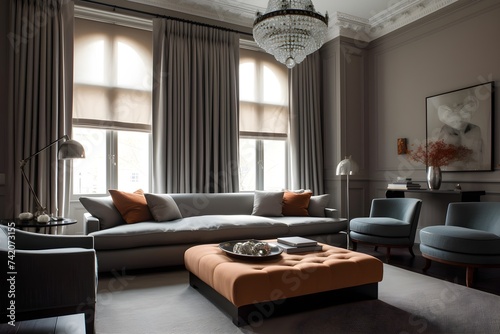 luxury living room, interior windows have fashionable curtains