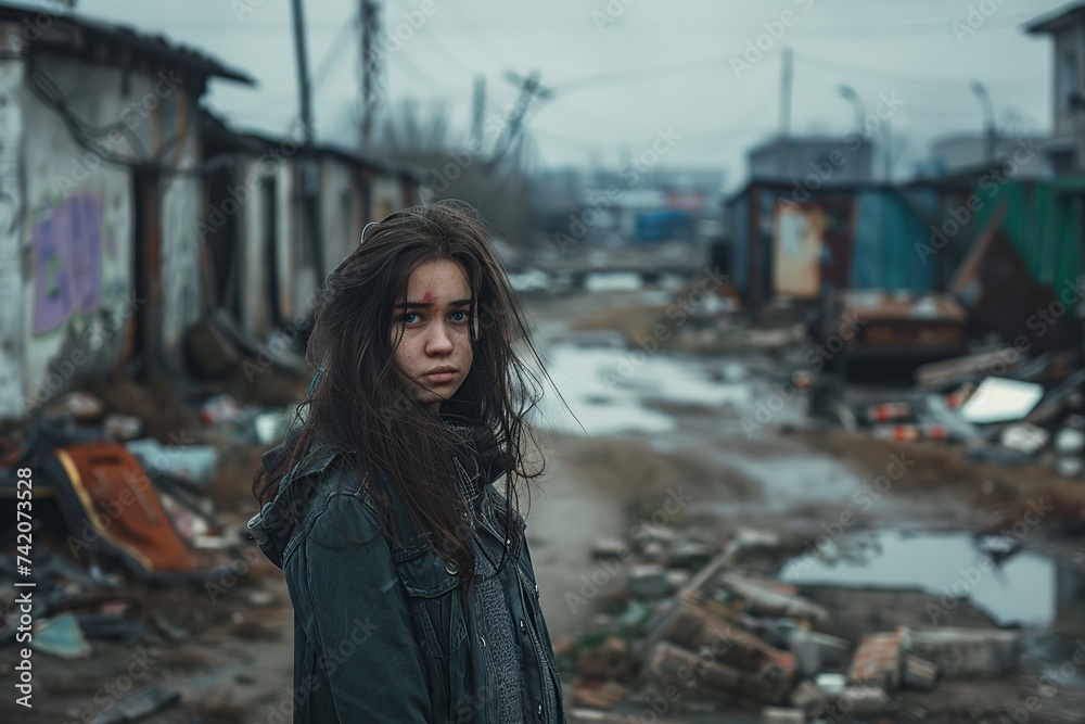 teenager in a fictional situation of poverty or young war