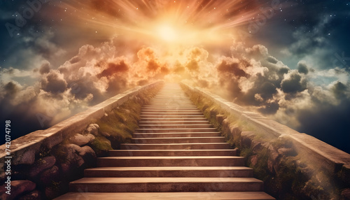 stairs to the sun. bright celestial light, religious background, wonderful sky the dawn