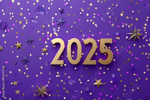2025 gold letter, confetti and stars on purple background
