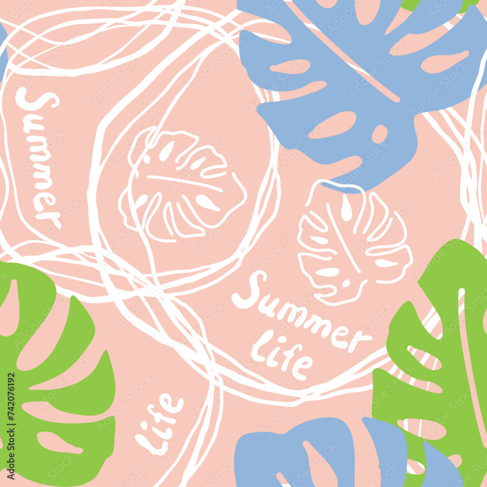 Obraz premium Monstera leaves decorative seamless vector pattern for textile design, fabric print, digital or wrapping paper, wallpaper, background and backdrop, decoration. Tropical summer holiday theme.