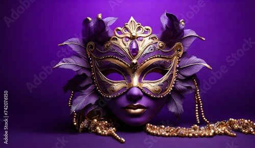 Generative AI beautiful bedazzled carnival or masquerade ball gold and purple masks on a pastel purple background a carnival mask with lights in the background