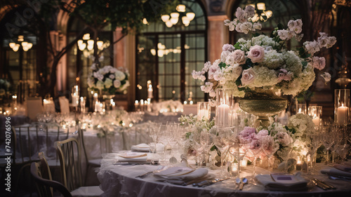 Luxurious wedding reception decor with candles and flowers #742076596