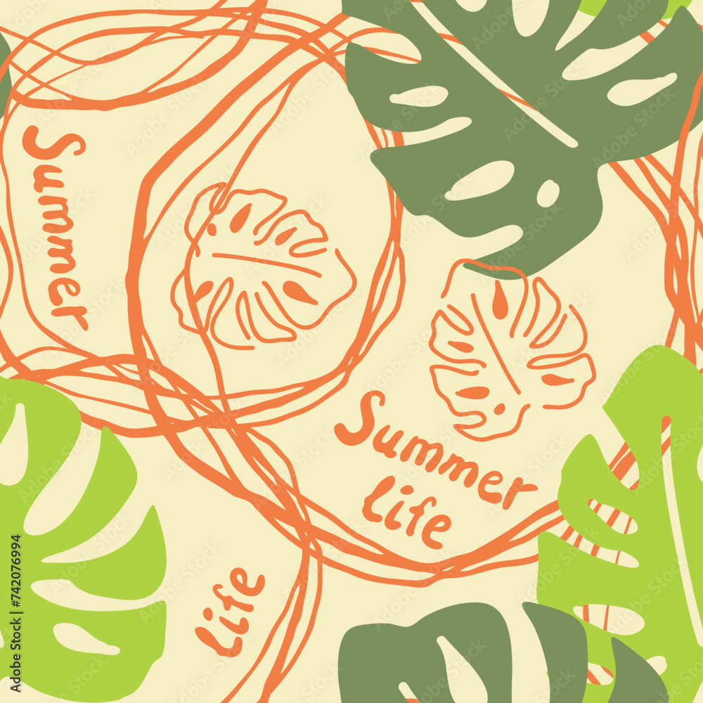 Monstera leaves decorative seamless vector pattern for textile design, fabric print, digital or wrapping paper, wallpaper, background and backdrop, decoration. Tropical summer holiday theme. Monstera leaves decorative seamless vector pattern for textile design, fabric print, digital or wrapping paper, wallpaper, background and backdrop, decoration. Tropical summer holiday theme.