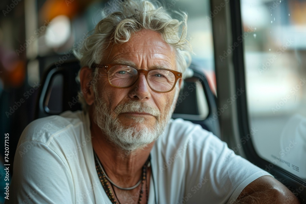 A man travels on public transport from work. Background with selective focus and copy space A man travels on public transport from work. Background with selective focus and copy space