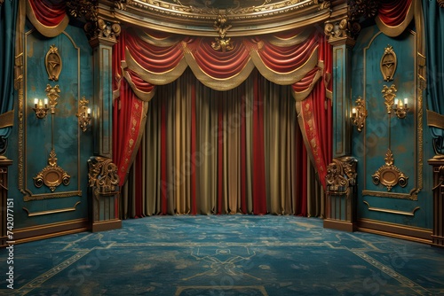huge modern theater with red curtains and blue carpet, dark turquoise and bronze