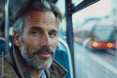 A man on public transport. Transportation concept. Background with selective focus and copy space © top images