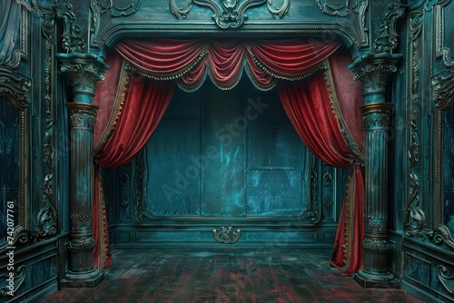 blue stage scenery, theatre backdrop, theater set, theatre, baroque-inspired grandeur