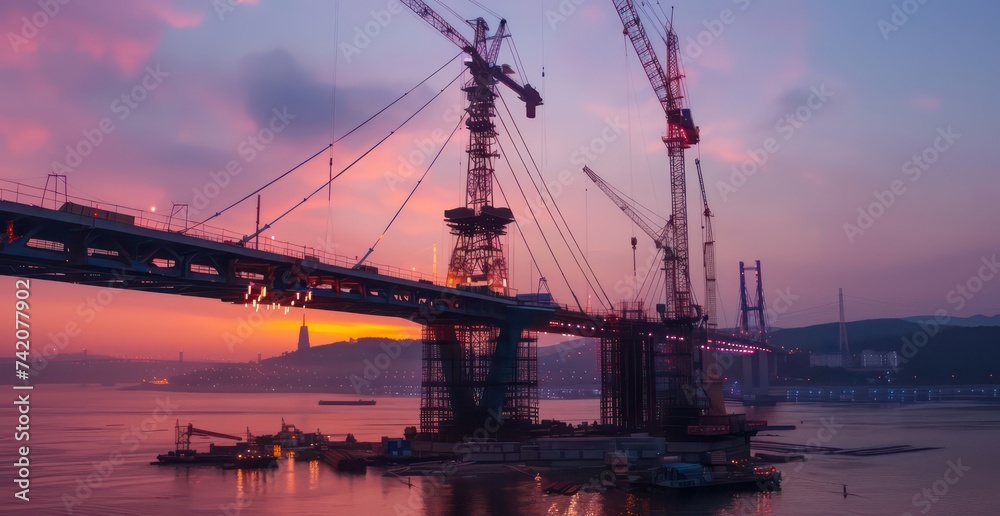 bridge construction with a cranes, --ar 64:33 --style raw --v 6 Job ID: 5a60c49d-a79f-4c85-9ddc-db29606efee1
