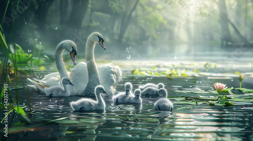 A family of swans swimming together in a serene pond, their fluffy gray cygnets following closely behind photo