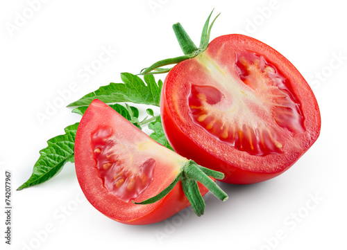 Tomato isolated. Tomatoes with leaf on white background. Tomato half and leaves side view composition. Full depth of field.. © Tim UR