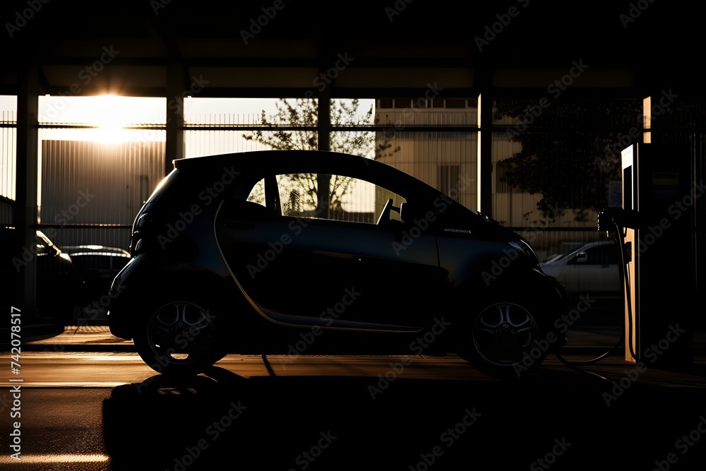 A silhouette of an EV electric car with a low battery charge at an electric charging station is seen