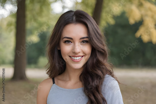 A light brown-skinned outdoor portrait: a young woman with a big smile generative ai