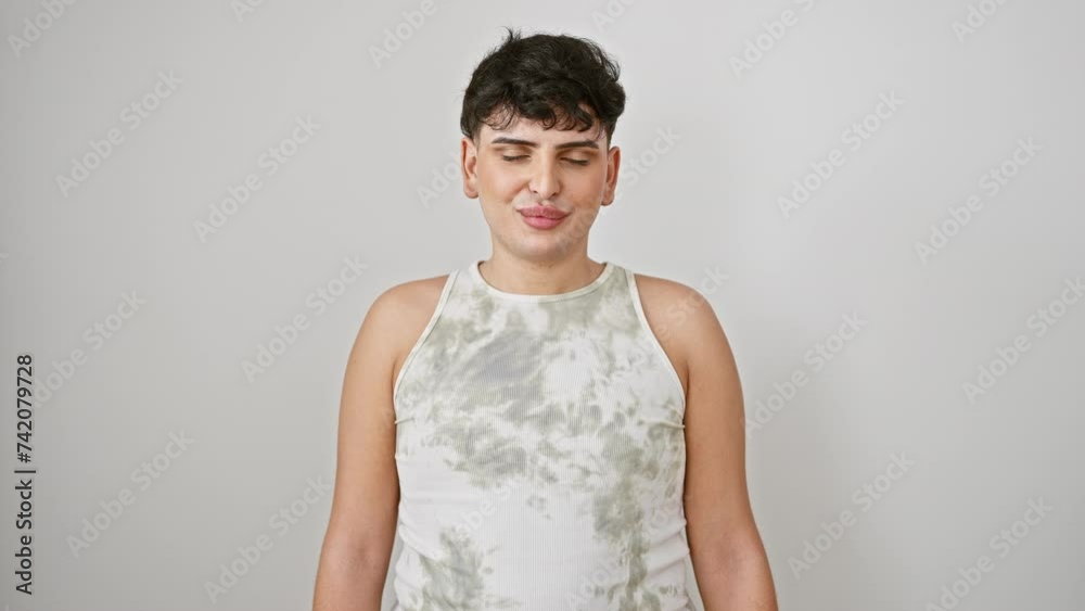 Funny-faced young man, puffed cheeks bulging with air, making a hilarious, crazy expression. wearing a sleeveless t-shirt, standing against an isolated white background. Funny-faced young man, puffed cheeks bulging with air, making a hilarious, crazy expression. wearing a sleeveless t-shirt, standing against an isolated white background.