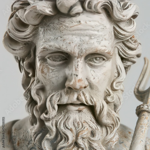 head of Poseidon god statue standing with his trident