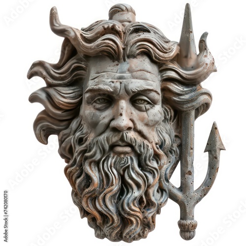 head of Poseidon god statue standing with his trident