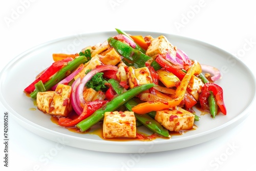 A stir-fry tofu, string bean, bell pepper, red onion, chili in spicy sauce on plate. Isolated white background