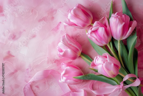 pink tulips with white ribbon and bow, in the style of minimalist backgrounds, colorful palette, naturalistic colors