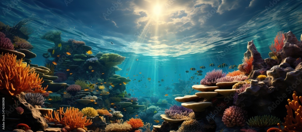 Coral reef and fish in colorful sea, Underwater world - obrazy, fototapety, plakaty 