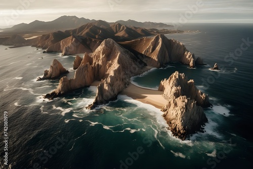 An aerial image of Lands End and the Arch at Cabo San Lucas, Baja California Sur, Mexico, at the point where the Pacific Ocean and the Gulf of California converge photo