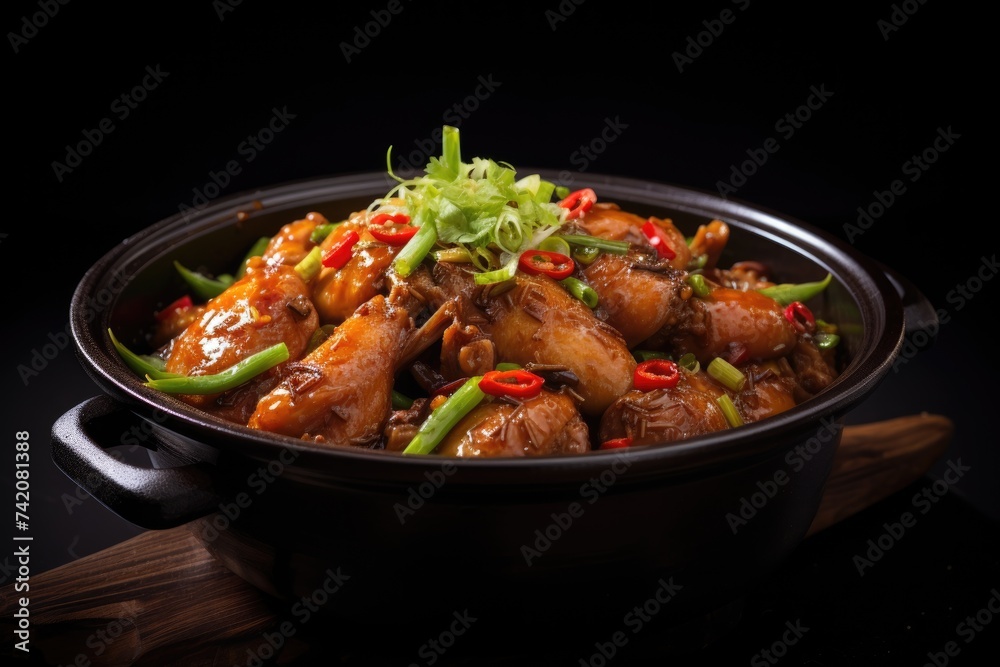 Kung Pao chicken garnished with green onions on dark background