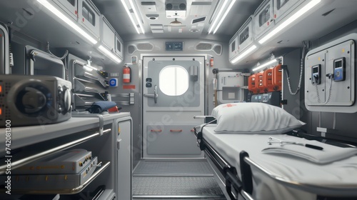 realistic photo of inside of ambulance bed and medical equipment