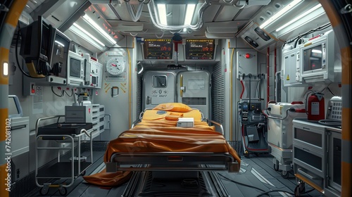 realistic photo of inside of ambulance bed and medical equipment