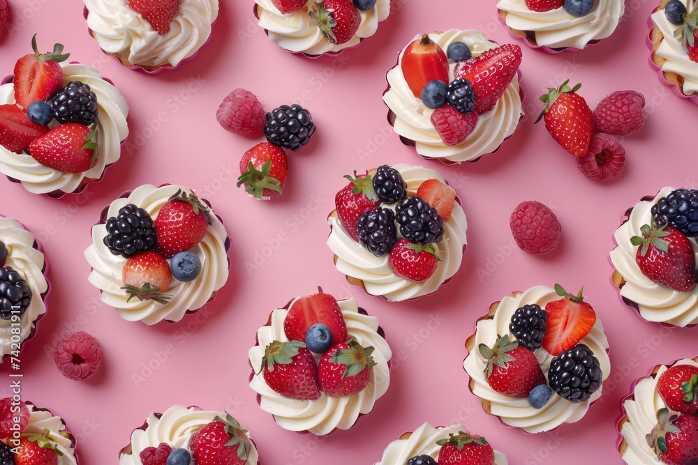 six small cheesecakes with berries and mint on a pink background six small cheesecakes with berries and mint on a pink background