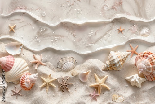 sand on top of a beach with shell and starfish, in the style of light beige © STOCKYE STUDIO
