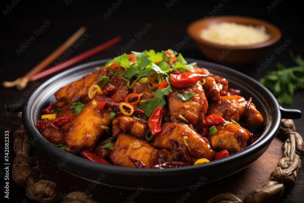Kung Pao chicken garnished with green onions on dark background