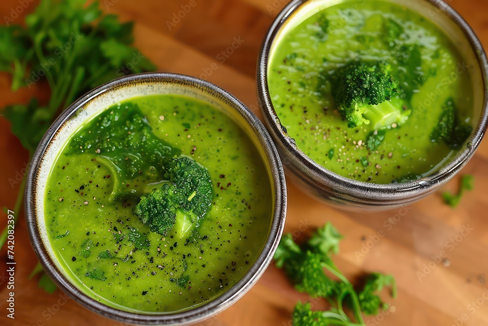 two bowls of soup with broccoli and parsley two bowls of soup with broccoli and parsley