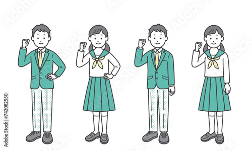 ガッツポーズをする男女の学生　斜