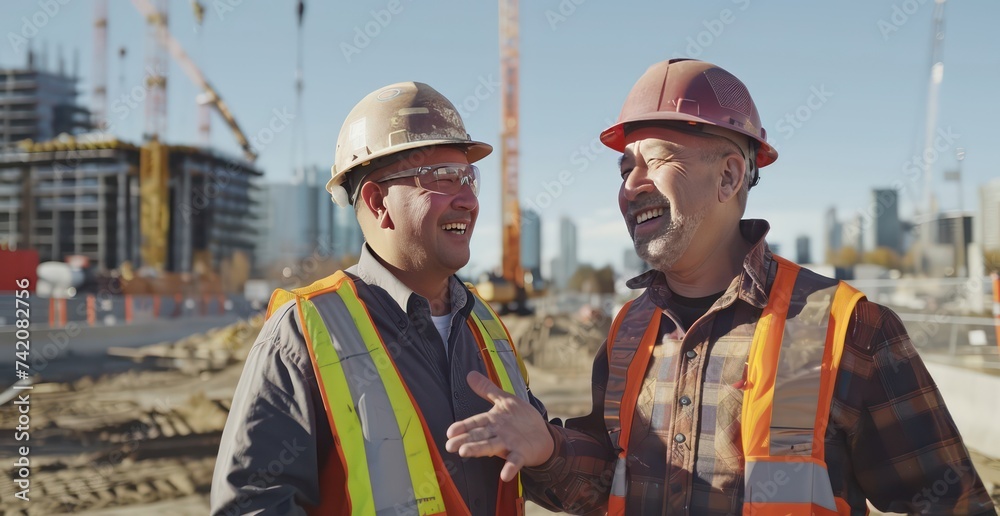 two construction workers standing in front of construction sites, emotive gestures two construction workers standing in front of construction sites, emotive gestures