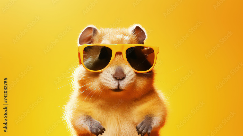 hamster in sunglasses on bright background - obrazy, fototapety, plakaty 