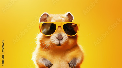hamster in sunglasses on bright background
