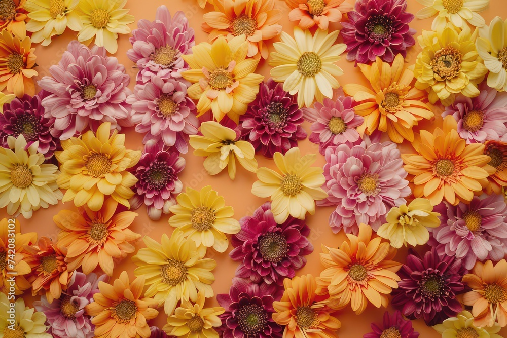 yellow and orange flowers arranged on a beige background