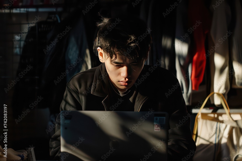 young male using a laptop in front of an outfit