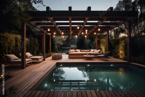 of a lavish side outside garden at morning, with a teak hardwood deck and a black pergola. Scene in the evening with couches and lounge chairs by the pool