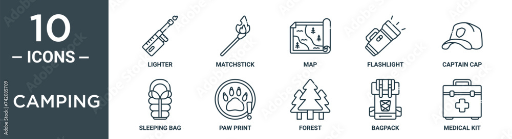 camping outline icon set includes thin line lighter, matchstick, map ...