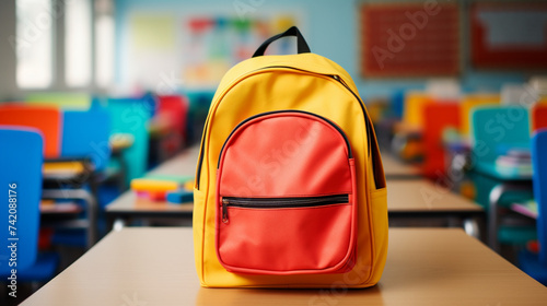 School backpack with stationery on table in classroom 