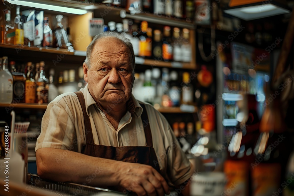 mature adult man is a cashier at a kiosk or gas station