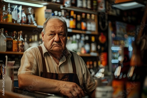 mature adult man is a cashier at a kiosk or gas station