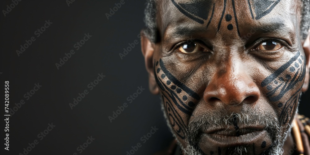 Portrait of a mature African man with tribal markings on his face, depicting a fusion of traditional and contemporary art styles 