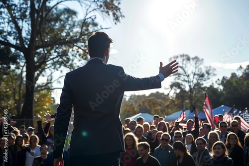 Male politician giving a speech to his followers during an outdoors political rally