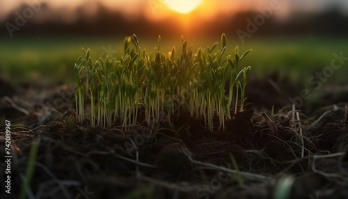 Sunset near a field of rye that has just begun to sprout