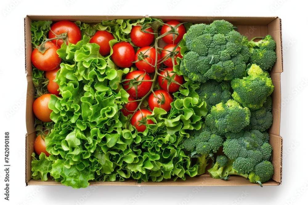 Open cardboard box inside containing tomatoes, broccoli and lettuce isolated on a white transparent background. Top view.