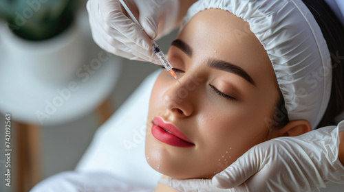 Professional aesthetic procedure cosmetic, neurotoxin dermal fille injection to a young woman face, modern dermatology clinic, nature of beauty, medical aesthetics, skincare, medical beauty treatments photo