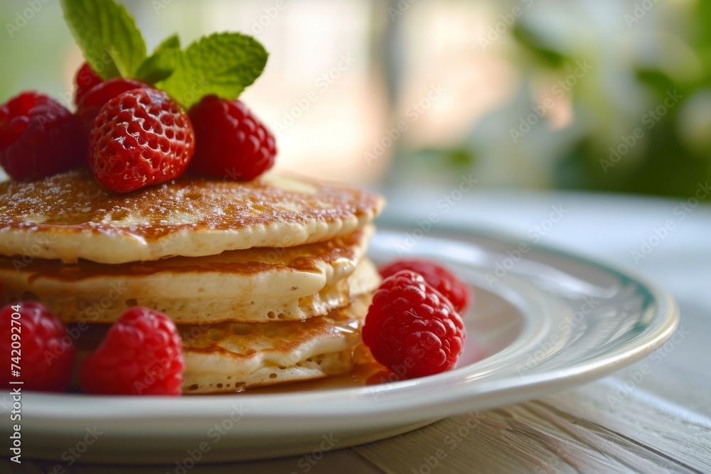 Pancakes with strawberries, raspberries and mint leaves on top, drizzled with maple syrup, on a white plate. Pancakes with strawberries, raspberries and mint leaves on top, drizzled with maple syrup, on a white plate.