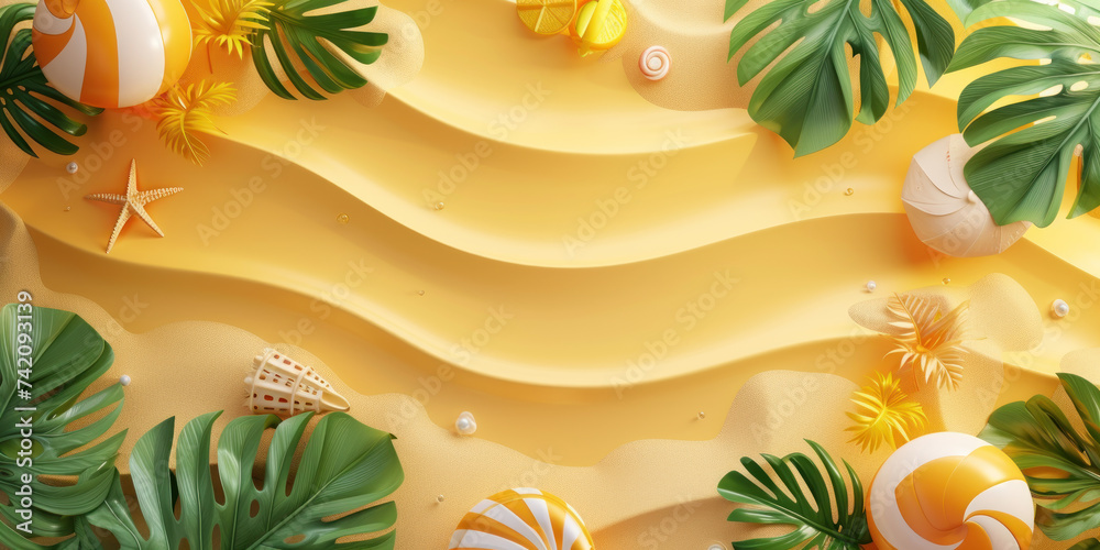 Naklejka premium Top view 3D cartoon beach background, Summer holiday vacation concept