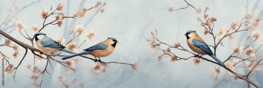 Vintage photo wallpaper with branches and birds on Blue background